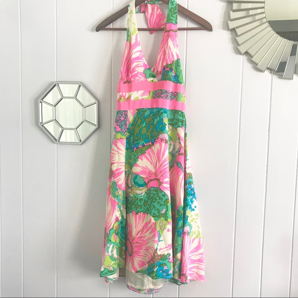 Y2K Nanette Lepore Floral Pink Green Silk Halter Dress